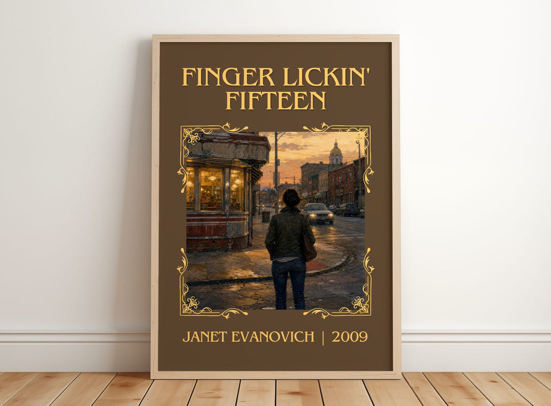 Finger Lickin' Fifteen Classic Book Art Print by Janet Evanovich – framed print leaning on a wooden floor