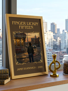 Finger Lickin' Fifteen Classic Book Art Print by Janet Evanovich – framed print on a city-view windowsill