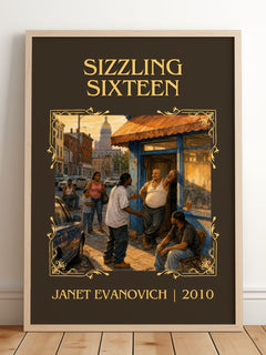 Sizzling Sixteen Classic Book Art Print by Janet Evanovich – framed print leaning on a wooden floor