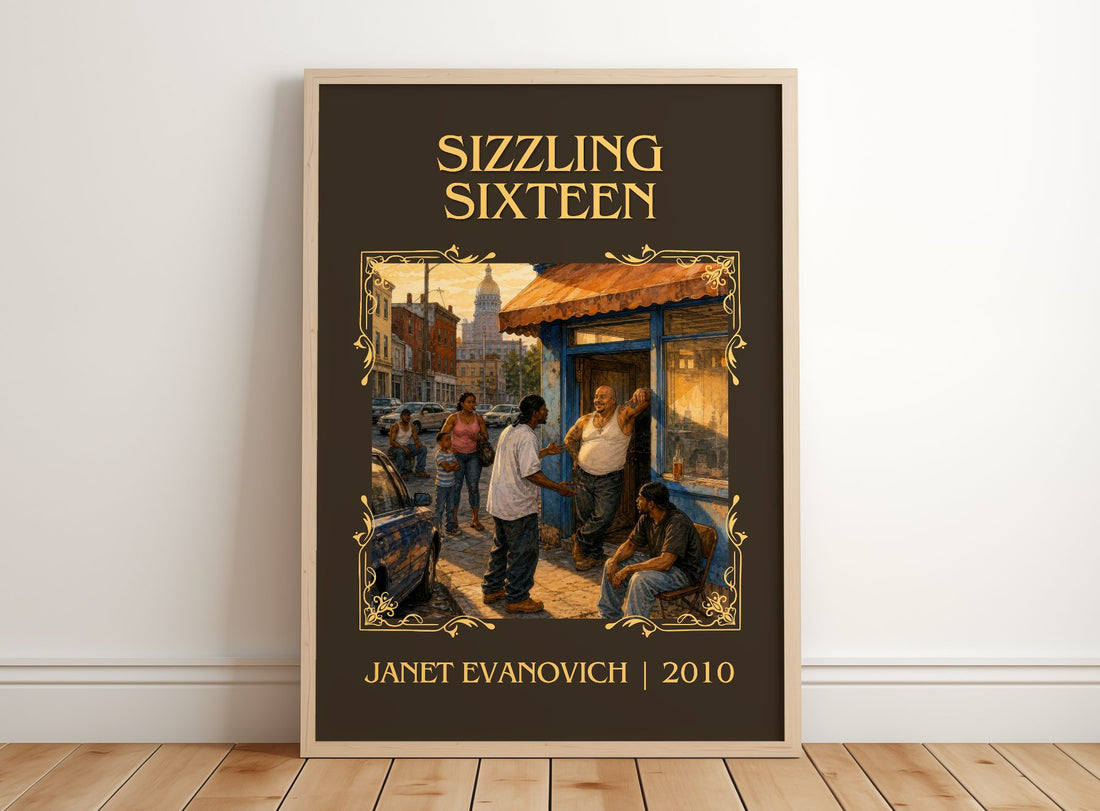 Sizzling Sixteen Classic Book Art Print by Janet Evanovich – framed print leaning on a wooden floor