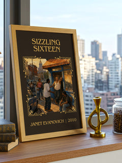 Sizzling Sixteen Classic Book Art Print by Janet Evanovich – framed print on a city-view windowsill