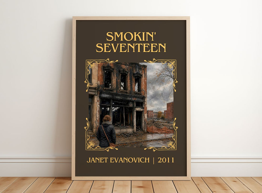 Smokin' Seventeen Classic Book Art Print by Janet Evanovich – framed print leaning on a wooden floor