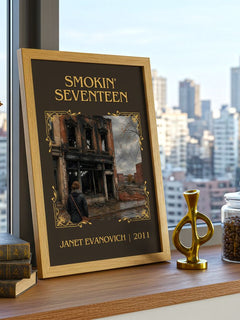 Smokin' Seventeen Classic Book Art Print by Janet Evanovich – framed print on a city-view windowsill