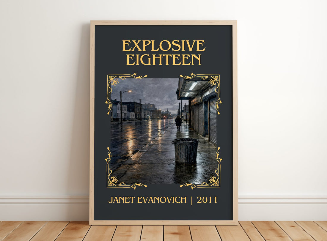 Explosive Eighteen Classic Book Art Print by Janet Evanovich – framed print leaning on a wooden floor