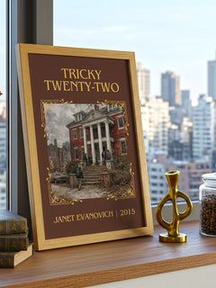 Tricky Twenty-Two Classic Book Art Print by Janet Evanovich – framed print on a city-view windowsill