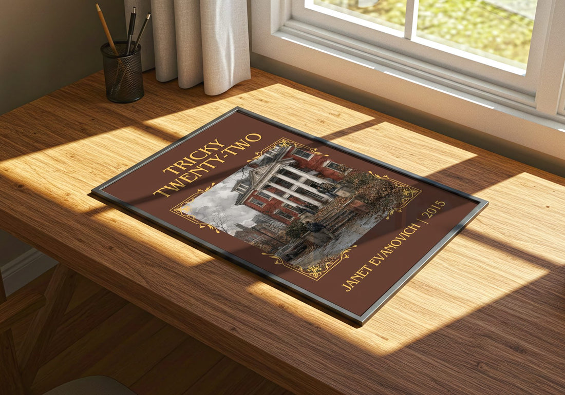 Tricky Twenty-Two Classic Book Art Print by Janet Evanovich – print on a sunlit desk