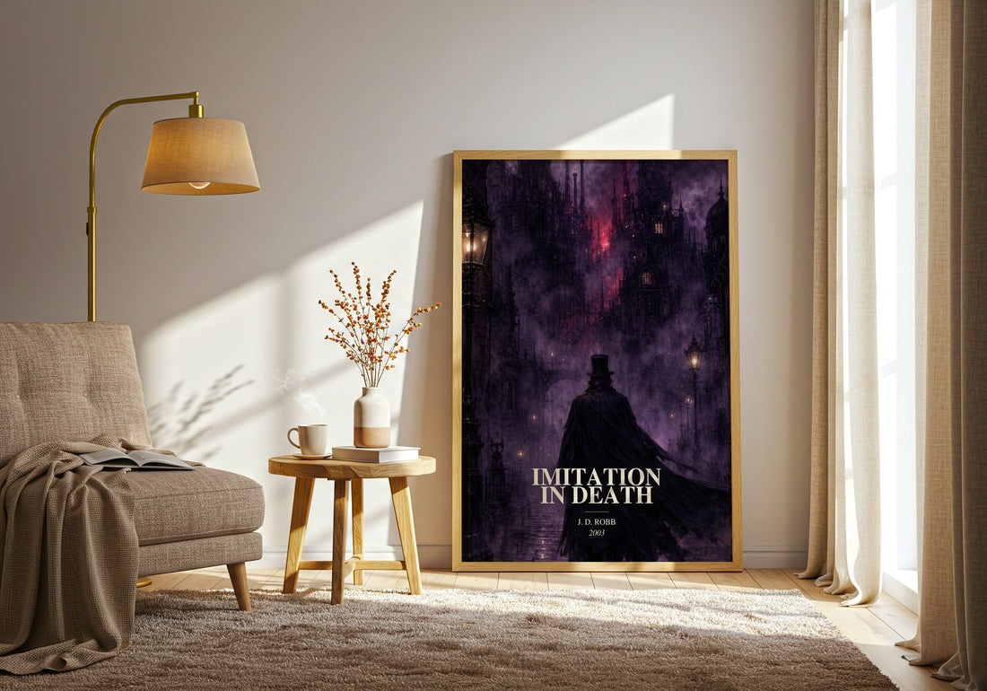 Imitation In Death watercolour print in frame leaning in hallway – mystery wall art (mockup)