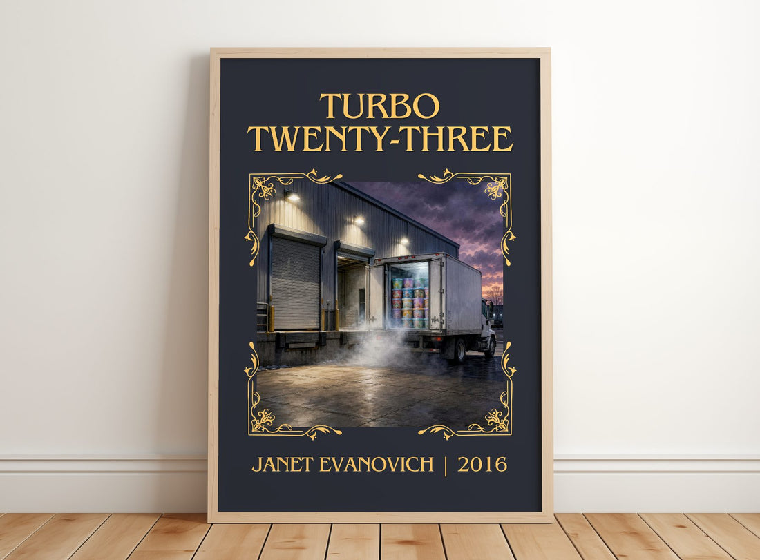 Turbo Twenty-Three Classic Book Art Print by Janet Evanovich – framed print leaning on a wooden floor
