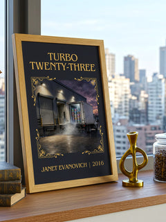 Turbo Twenty-Three Classic Book Art Print by Janet Evanovich – framed print on a city-view windowsill