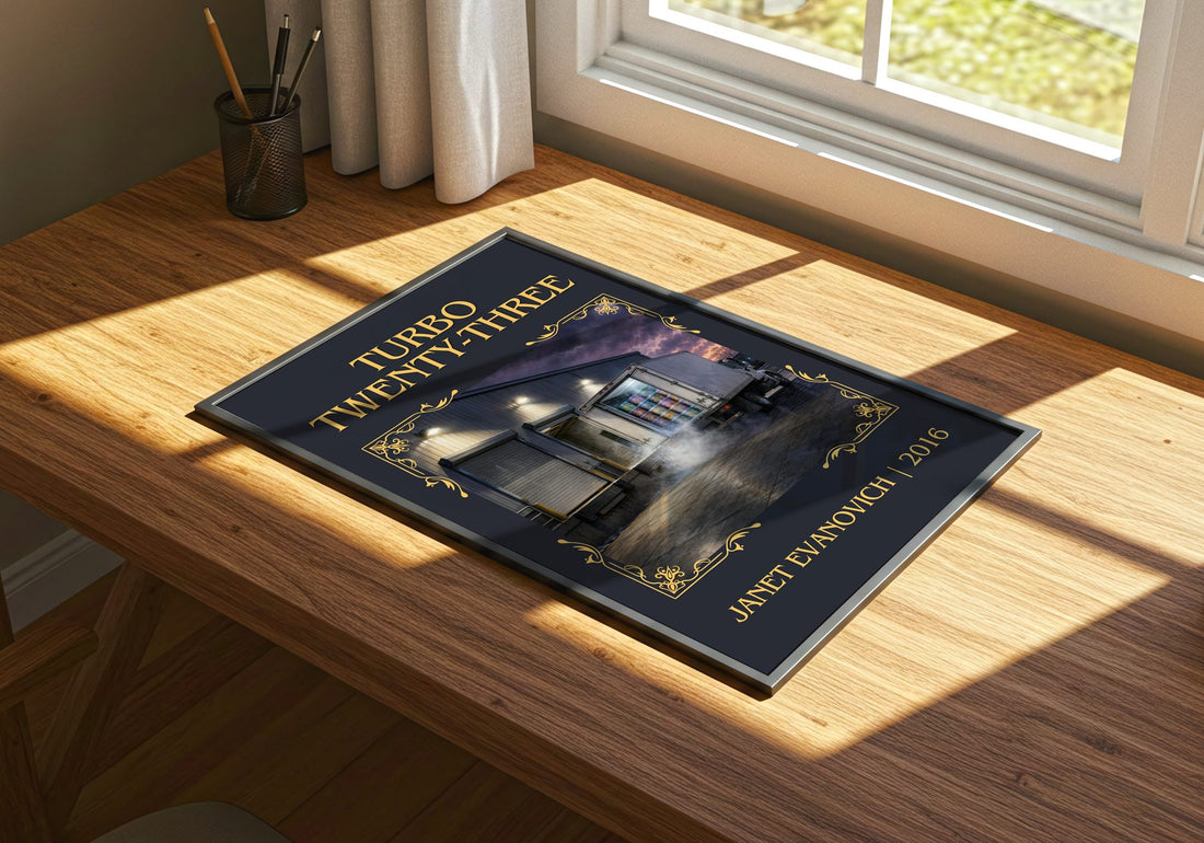 Turbo Twenty-Three Classic Book Art Print by Janet Evanovich – print on a sunlit desk