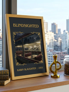Blindsighted Classic Book Art Print by Karin Slaughter – framed print on a city-view windowsill