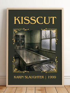 Kisscut Classic Book Art Print by Karin Slaughter – framed print leaning on a wooden floor