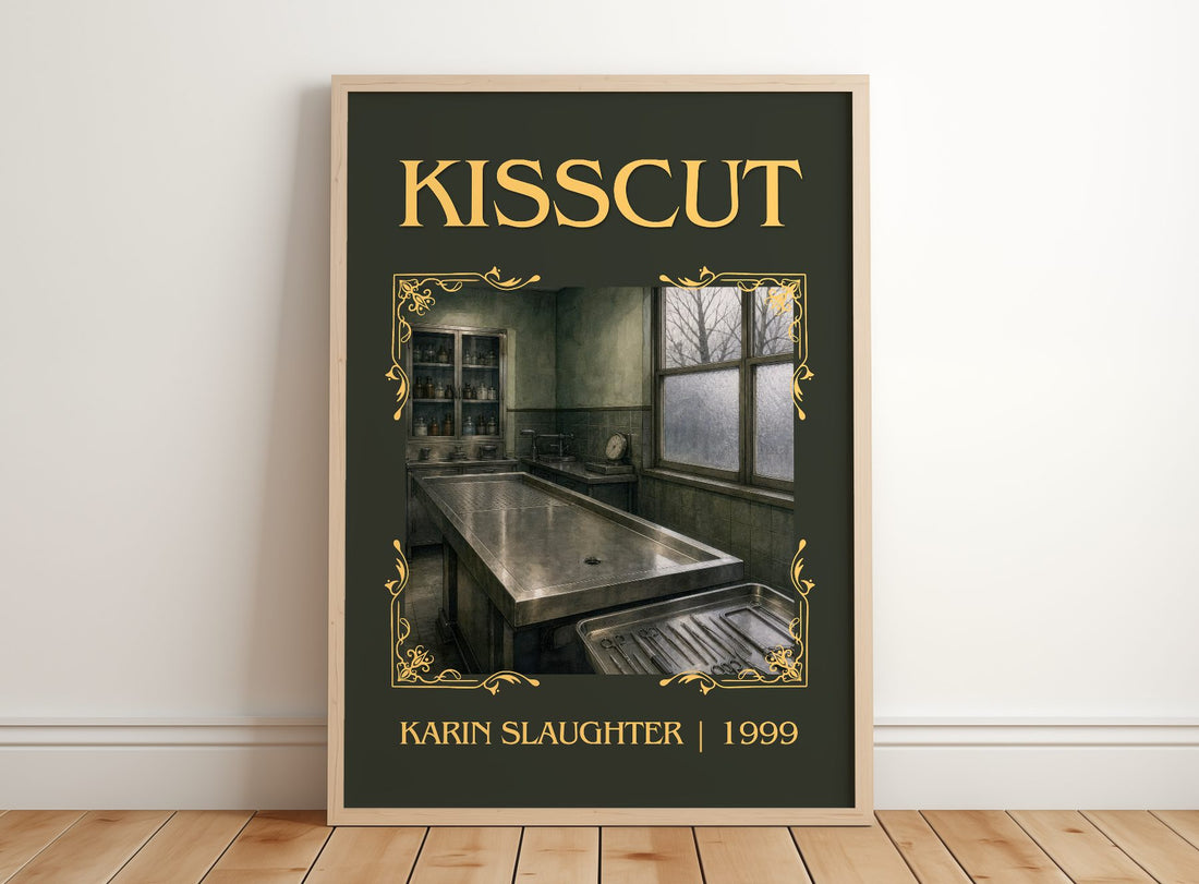 Kisscut Classic Book Art Print by Karin Slaughter – framed print leaning on a wooden floor