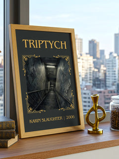 Triptych Classic Book Art Print by Karin Slaughter – framed print on a city-view windowsill