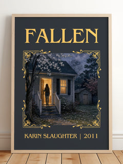 Fallen Classic Book Art Print by Karin Slaughter – framed print leaning on a wooden floor