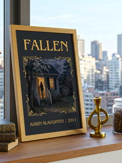 Fallen Classic Book Art Print by Karin Slaughter – framed print on a city-view windowsill