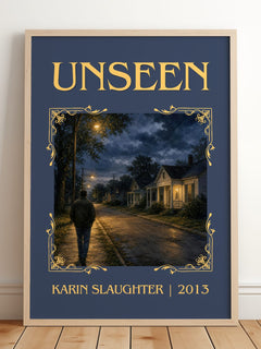 Unseen Classic Book Art Print by Karin Slaughter – framed print leaning on a wooden floor