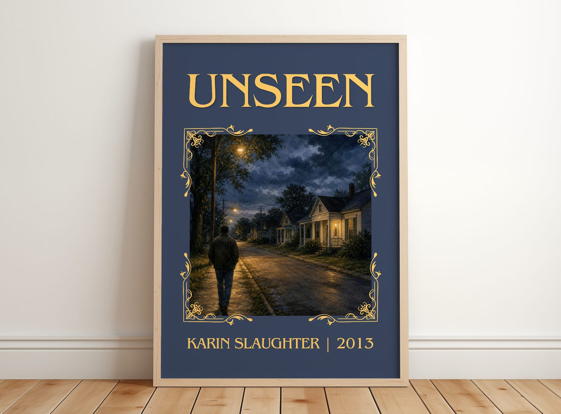 Unseen Classic Book Art Print by Karin Slaughter – framed print leaning on a wooden floor