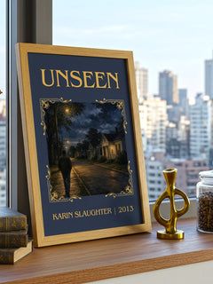 Unseen Classic Book Art Print by Karin Slaughter – framed print on a city-view windowsill