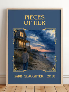 Pieces of Her Classic Book Art Print by Karin Slaughter – framed print leaning on a wooden floor