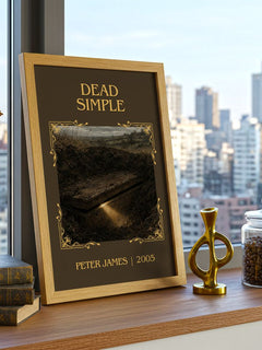 Dead Simple Classic Book Art Print by Peter James – framed print on a city-view windowsill