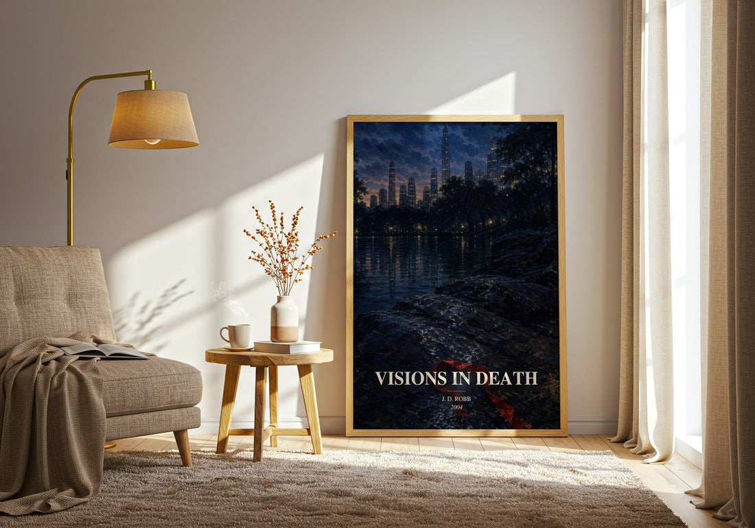Visions In Death watercolour print in frame leaning in hallway – mystery wall art (mockup)