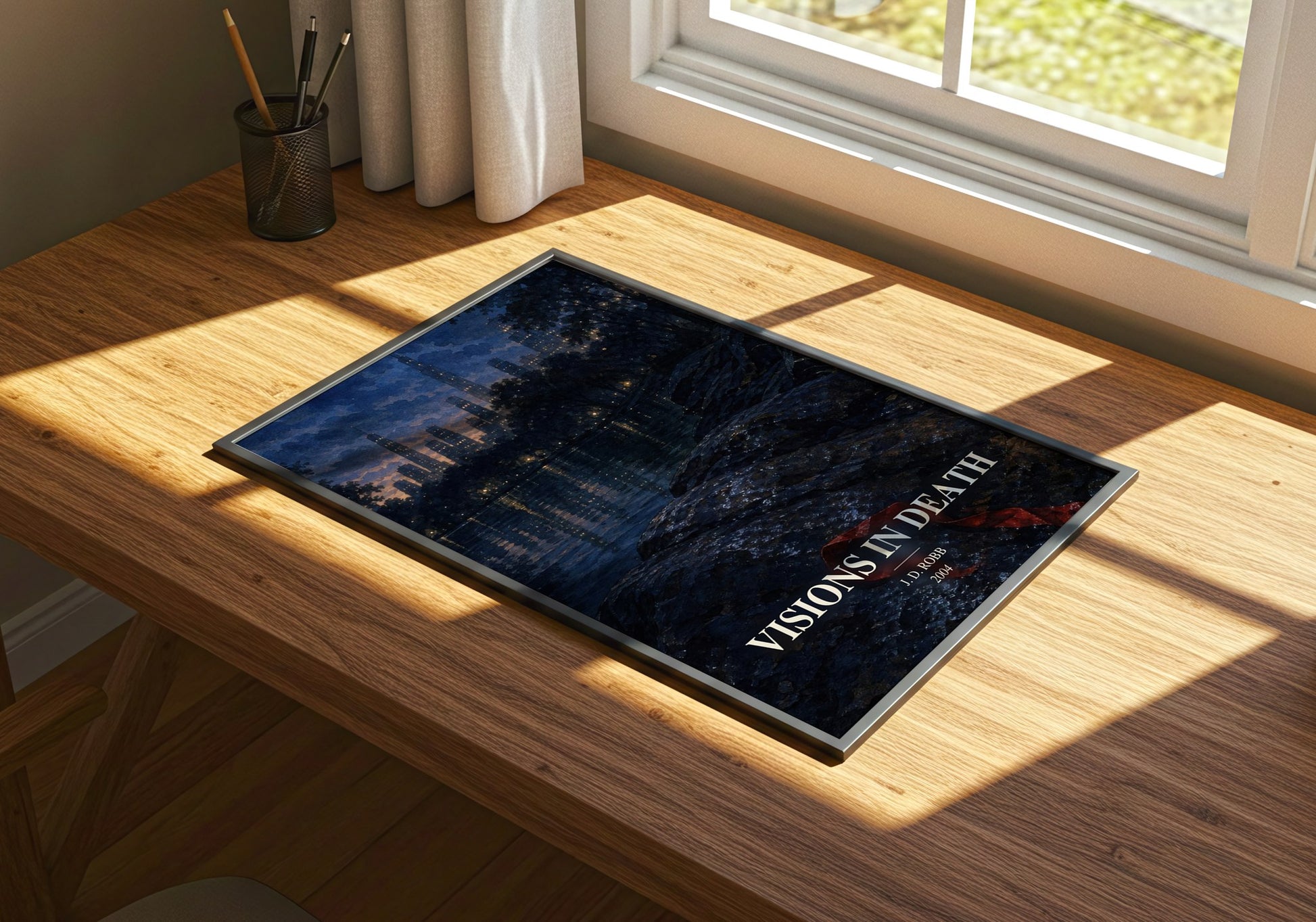 Visions In Death watercolour book poster framed on wall – mystery wall art