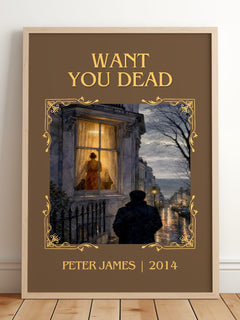 Want You Dead Classic Book Art Print by Peter James – framed print leaning on a wooden floor