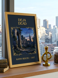 Déjà Dead Classic Book Art Print by Kathy Reichs – framed print on a city-view windowsill