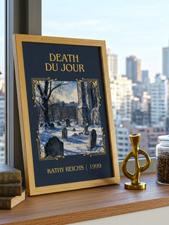 Death du Jour Classic Book Art Print by Kathy Reichs – framed print on a city-view windowsill