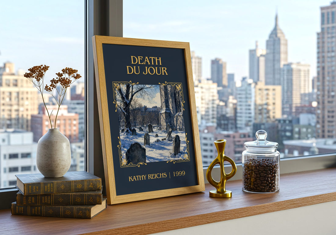 Death du Jour Classic Book Art Print by Kathy Reichs – framed print on a city-view windowsill