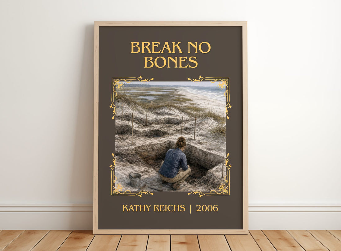 Break No Bones Classic Book Art Print by Kathy Reichs – framed print leaning on a wooden floor