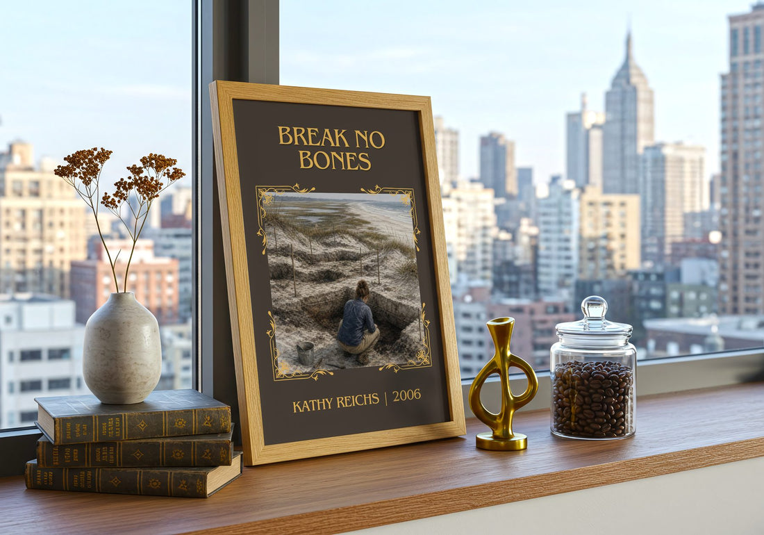 Break No Bones Classic Book Art Print by Kathy Reichs – framed print on a city-view windowsill