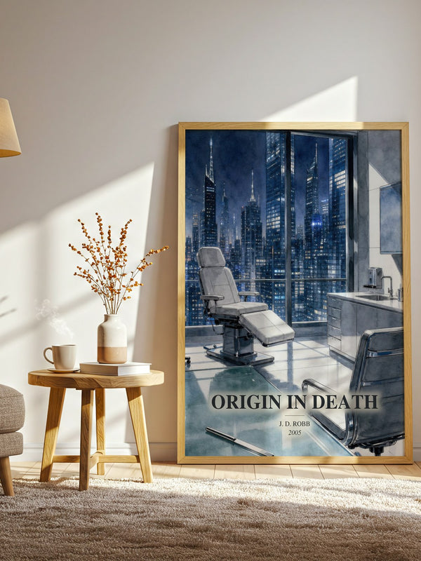 Origin In Death watercolour print in frame leaning in hallway – mystery wall art