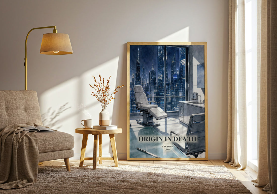Origin In Death watercolour print in frame leaning in hallway – mystery wall art (mockup)