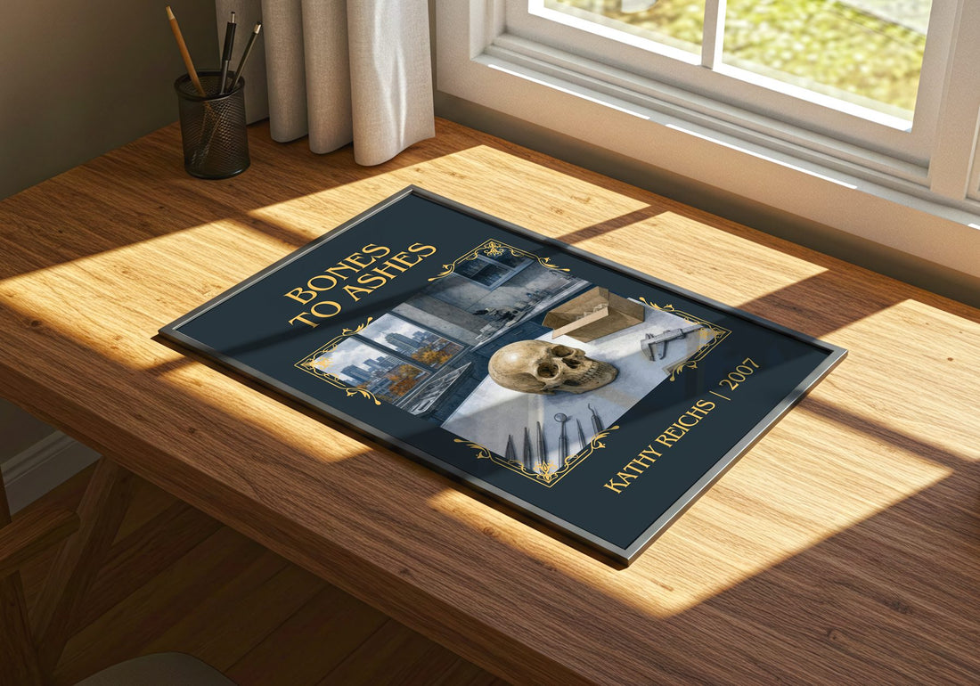 Bones to Ashes Classic Book Art Print by Kathy Reichs – print on a sunlit desk