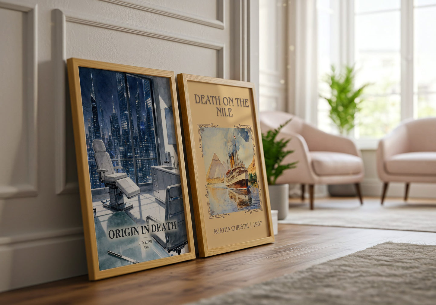 Origin In Death watercolour print framed by window – literary home decor