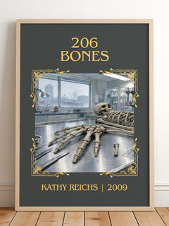 206 Bones Classic Book Art Print by Kathy Reichs – framed print leaning on a wooden floor