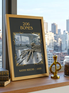 206 Bones Classic Book Art Print by Kathy Reichs – framed print on a city-view windowsill