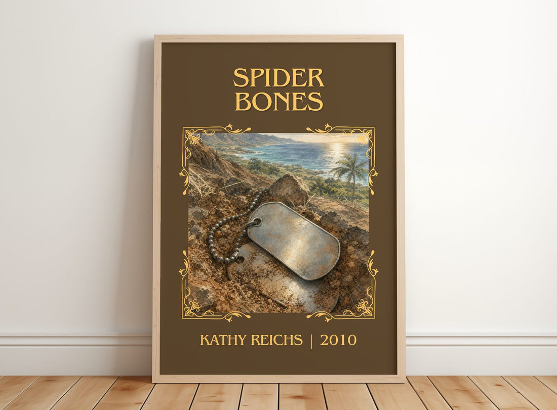 Spider Bones Classic Book Art Print by Kathy Reichs – framed print leaning on a wooden floor