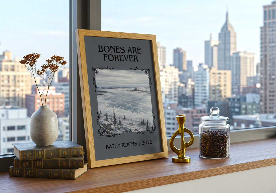 Bones Are Forever Classic Book Art Print by Kathy Reichs – framed print on a city-view windowsill