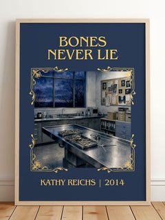 Bones Never Lie Classic Book Art Print by Kathy Reichs – framed print leaning on a wooden floor