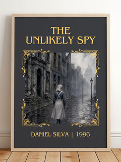 The Unlikely Spy Classic Book Art Print by Daniel Silva – framed print leaning on a wooden floor