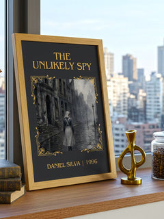 The Unlikely Spy Classic Book Art Print by Daniel Silva – framed print on a city-view windowsill