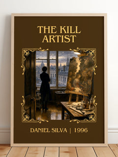 The Kill Artist Classic Book Art Print by Daniel Silva – framed print leaning on a wooden floor