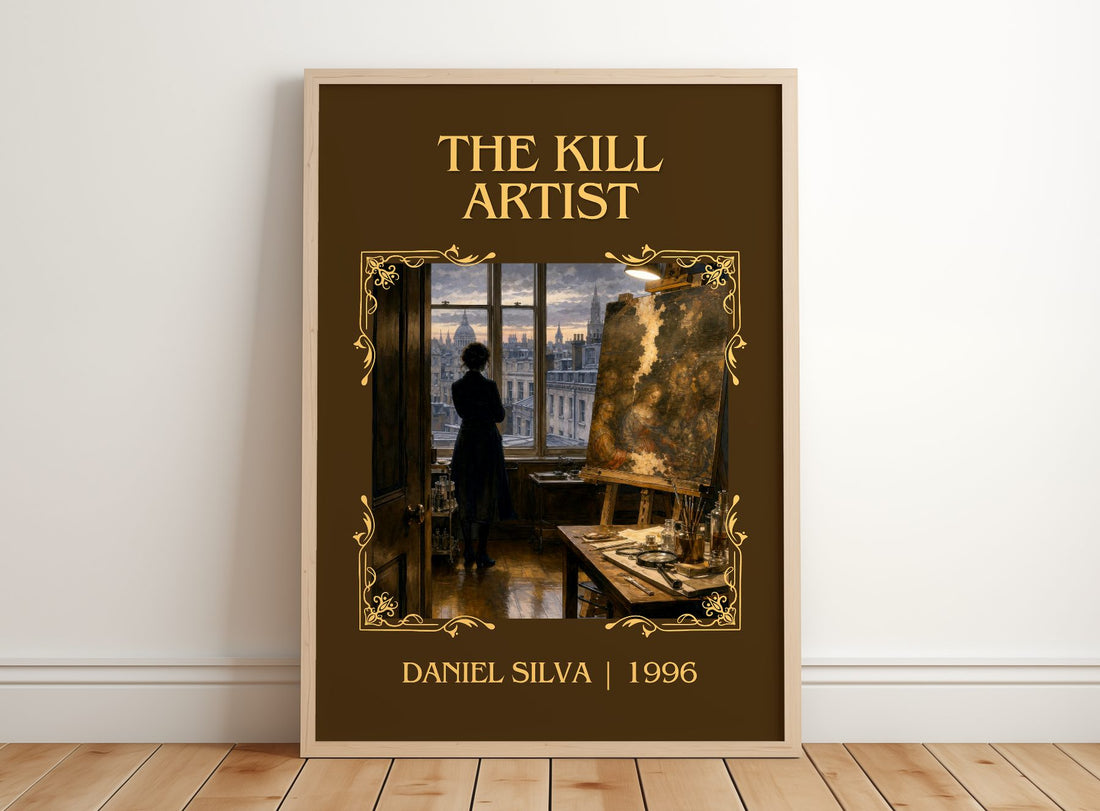 The Kill Artist Classic Book Art Print by Daniel Silva – framed print leaning on a wooden floor