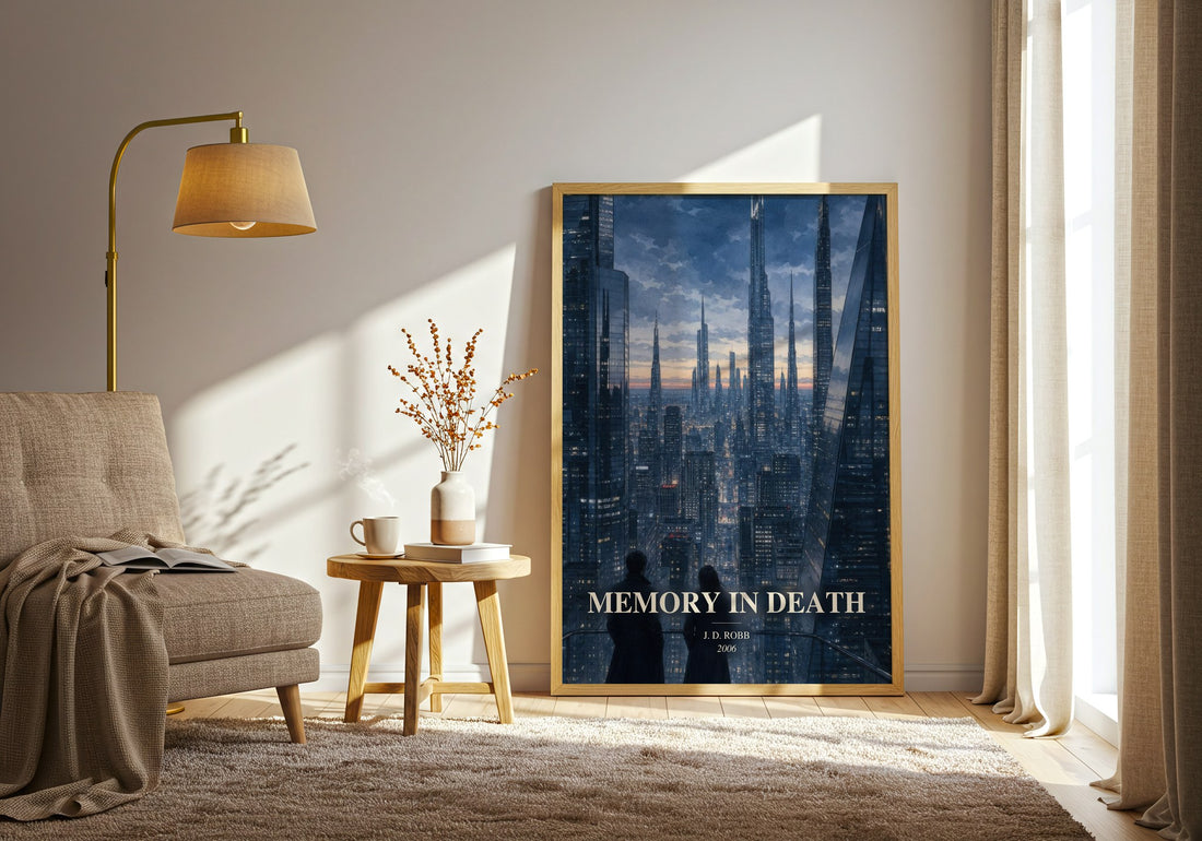 Memory In Death watercolour print in frame leaning in hallway – mystery wall art (mockup)