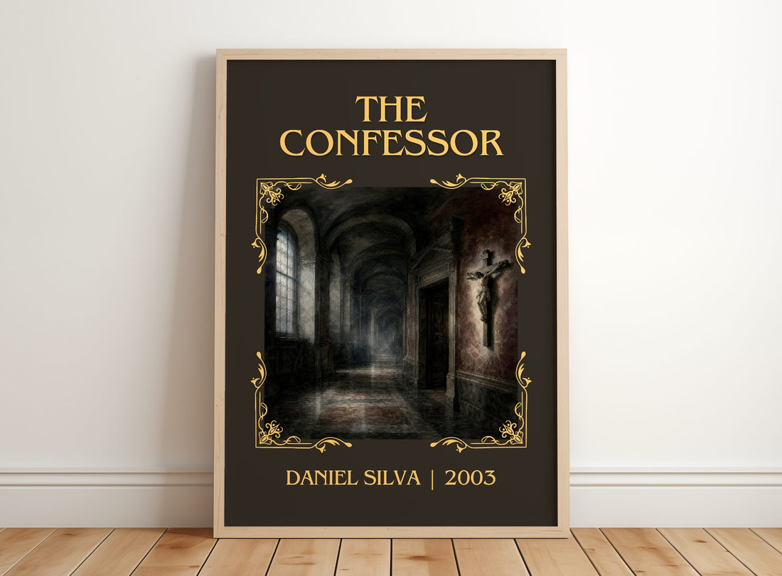 The Confessor Classic Book Art Print by Daniel Silva – framed print leaning on a wooden floor