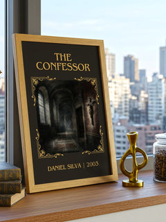 The Confessor Classic Book Art Print by Daniel Silva – framed print on a city-view windowsill