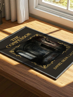 The Confessor Classic Book Art Print by Daniel Silva – print on a sunlit desk